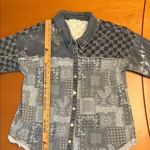 Patchwork Denim Button-Up Shirt (Shacket) distressed and patchwork